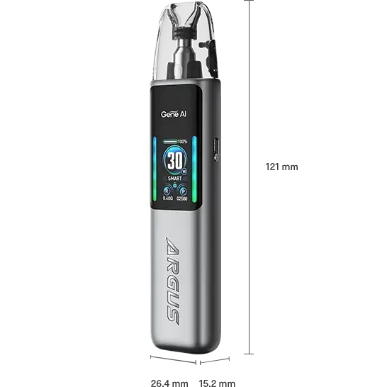 VOOPOO ARGUS G2 阿格斯 G2 產品尺寸規格圖。圖表清晰標示主機的高度、寬度與厚度數值 (mm)，以及煙彈容量規格，供用戶確認實際大小。